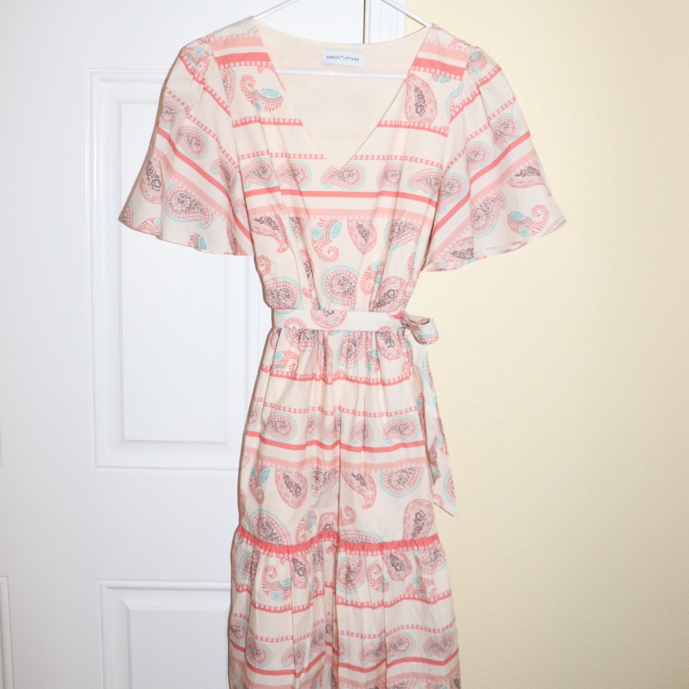 Gibson Latimer V Neck Floral Dress Pink and Off White NWOT